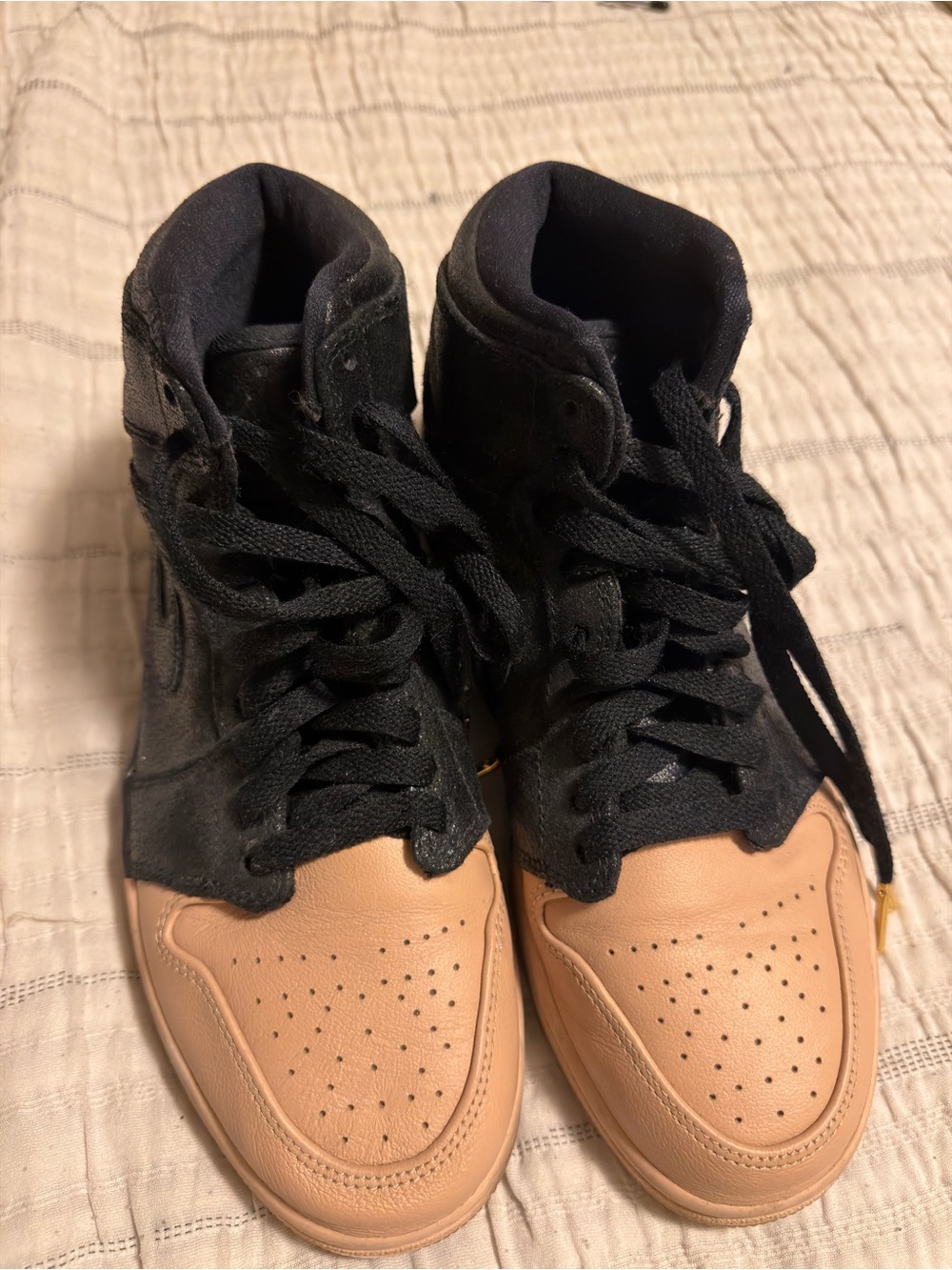Jordan women’s High-Top Sneakers in Black and Tan with Gold Logo - Picture 2 of 3